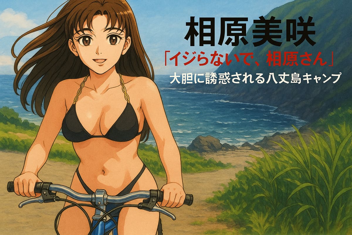 黒ビキニ姿の相原美咲が自転車で微笑むシーン。八丈島ロケのアウトドアグラビア。
