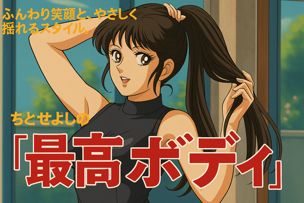 ハイレグ衣装で微笑むちとせよしのの横長バナー。グラビアDVD『最高ボディ』の魅力を伝える清楚×ギャップ構成のデザイン。