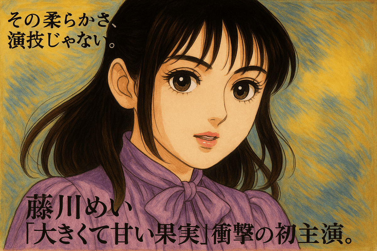 ガラスの仮面風イラストで表現された藤川めい風キャラクター。紫のブラウス姿で正面を見つめるグラビア感ある肖像風ビジュアル。
