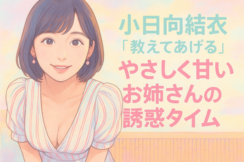 小日向結衣「教えてあげる」のイメージバナー。微笑む姿が印象的なグラビア紹介用横長画像。