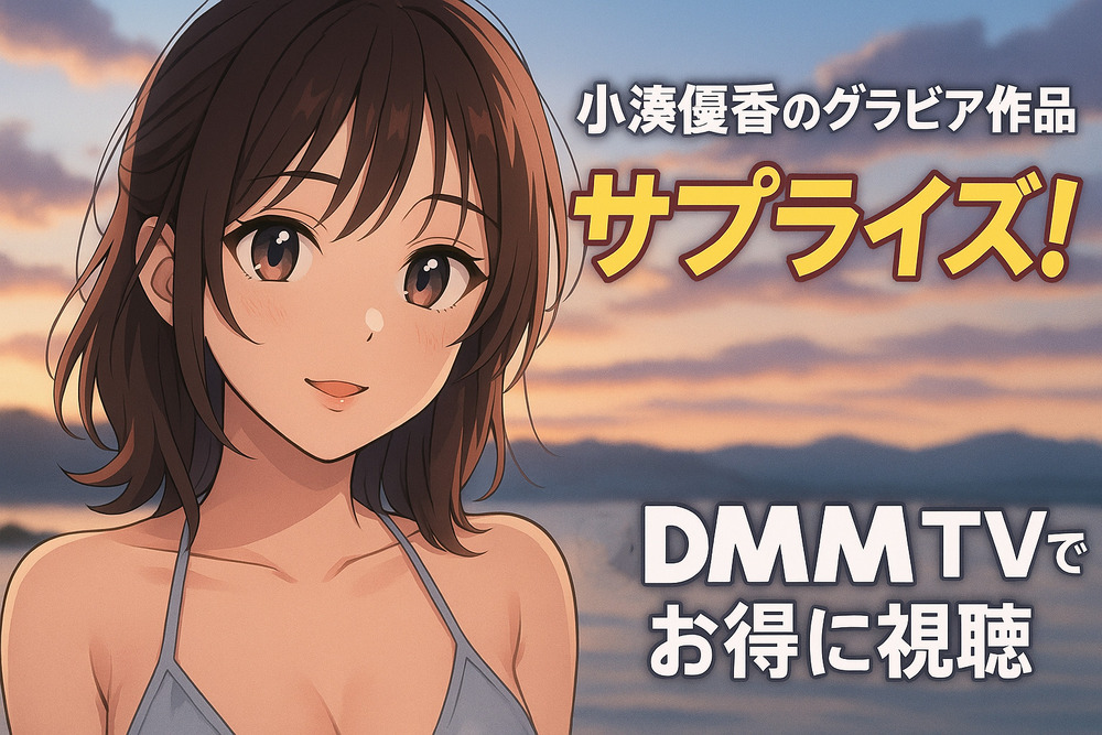 小湊優香のグラビア作品「サプライズ！」をDMM TVでお得に視聴できることを伝えるプロモーション画像