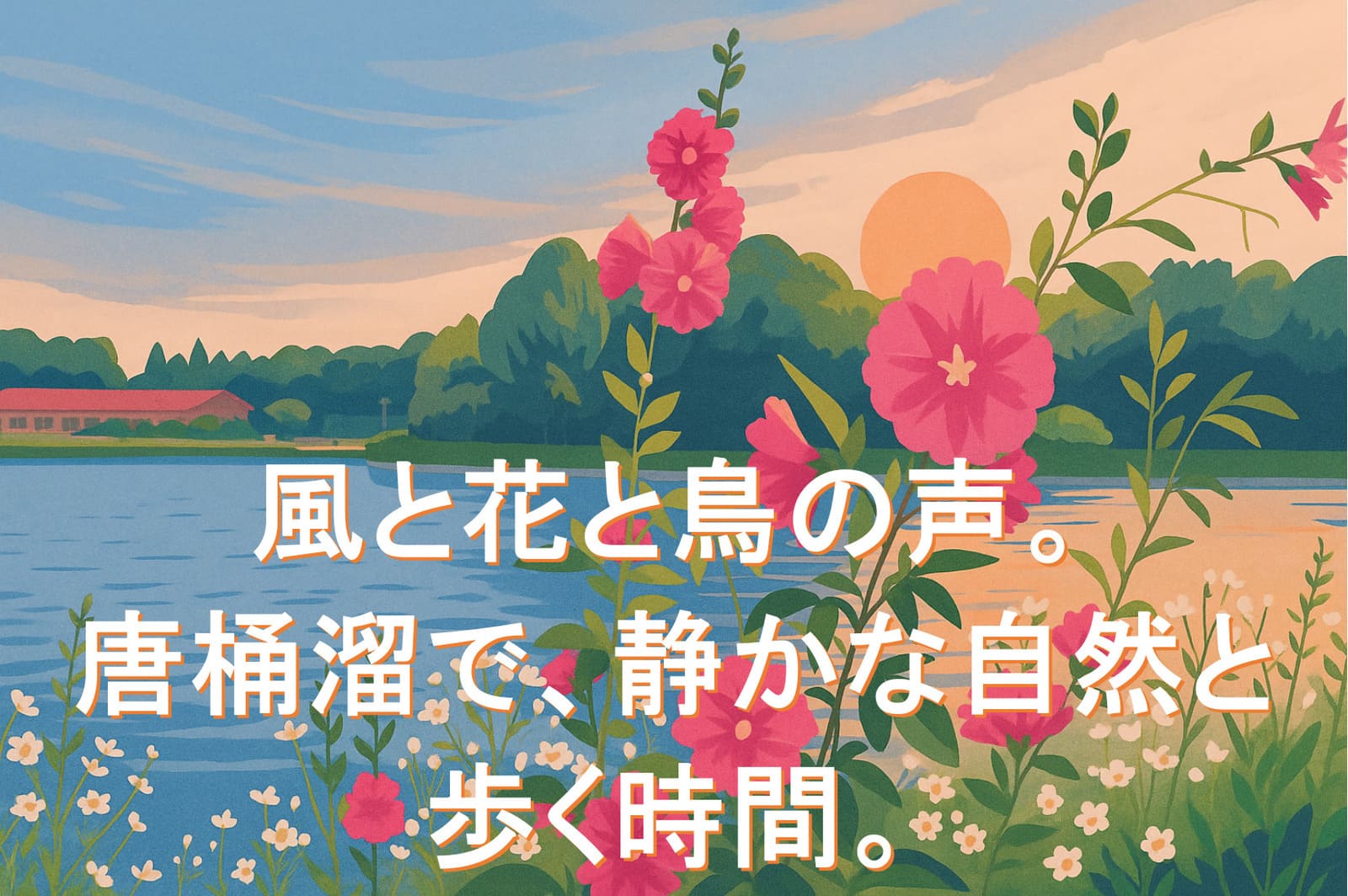夕暮れの唐桶溜。湖畔に咲く花々と、静かな水面、鳥の声が響く自然の風景を描いたイラスト