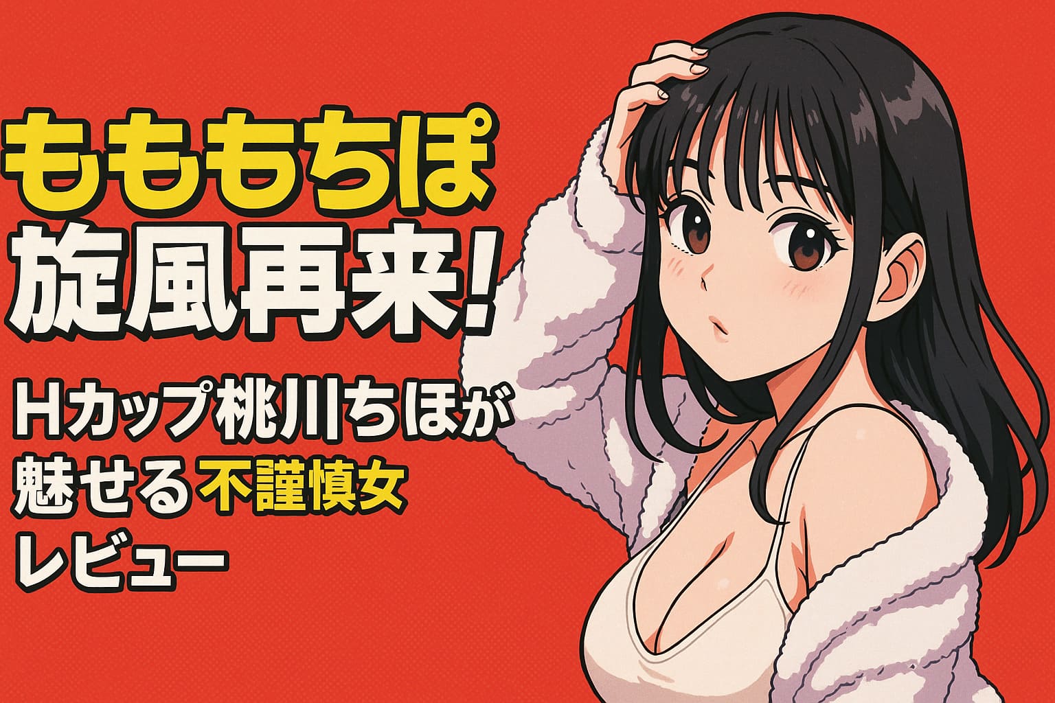 代替えテキスト：Hカップグラドル桃川ちほが登場する、赤系ポップ背景の横長プロモーションバナー。タイトル「もももちぽ旋風再来！Hカップ桃川ちほが魅せる不謹慎女レビュー」が日本語フォントで描かれている。