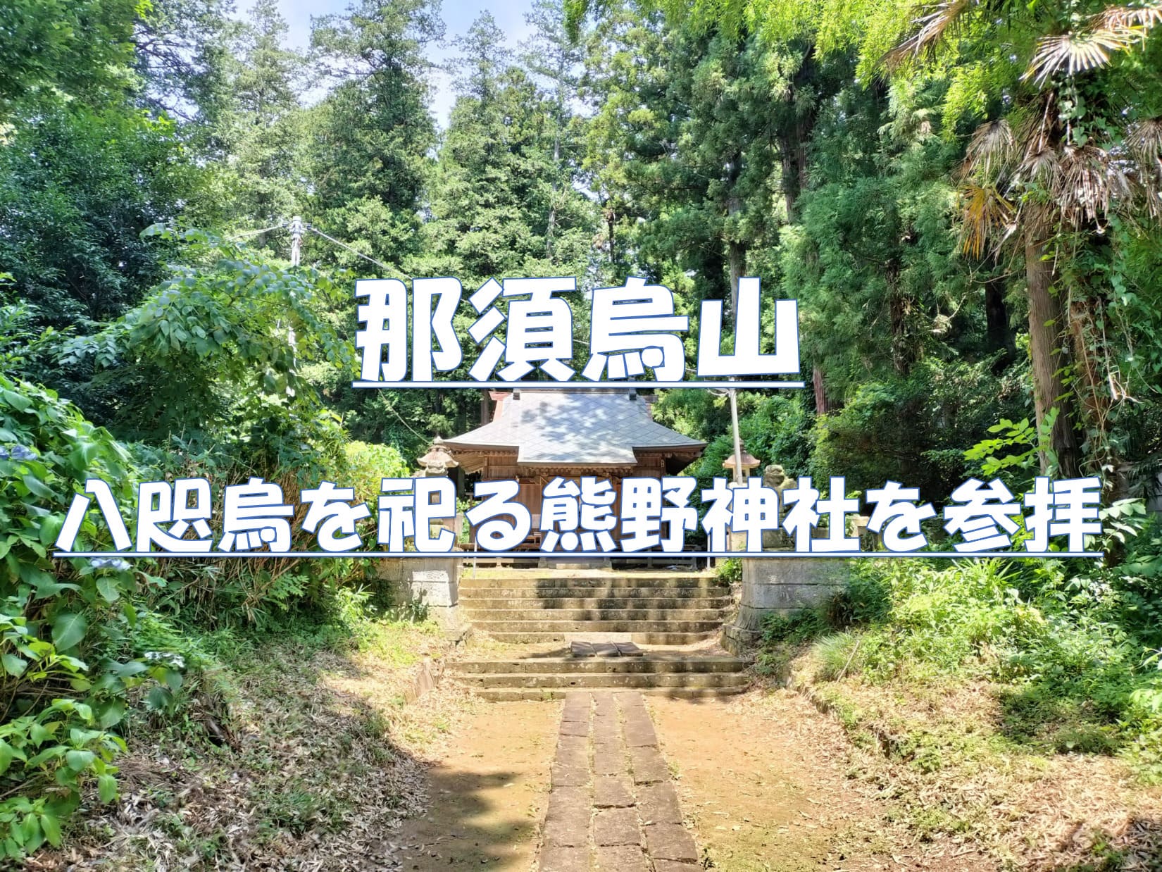 那須烏山市の熊野神社拝殿と杉木立を背景にした横長アイキャッチ画像