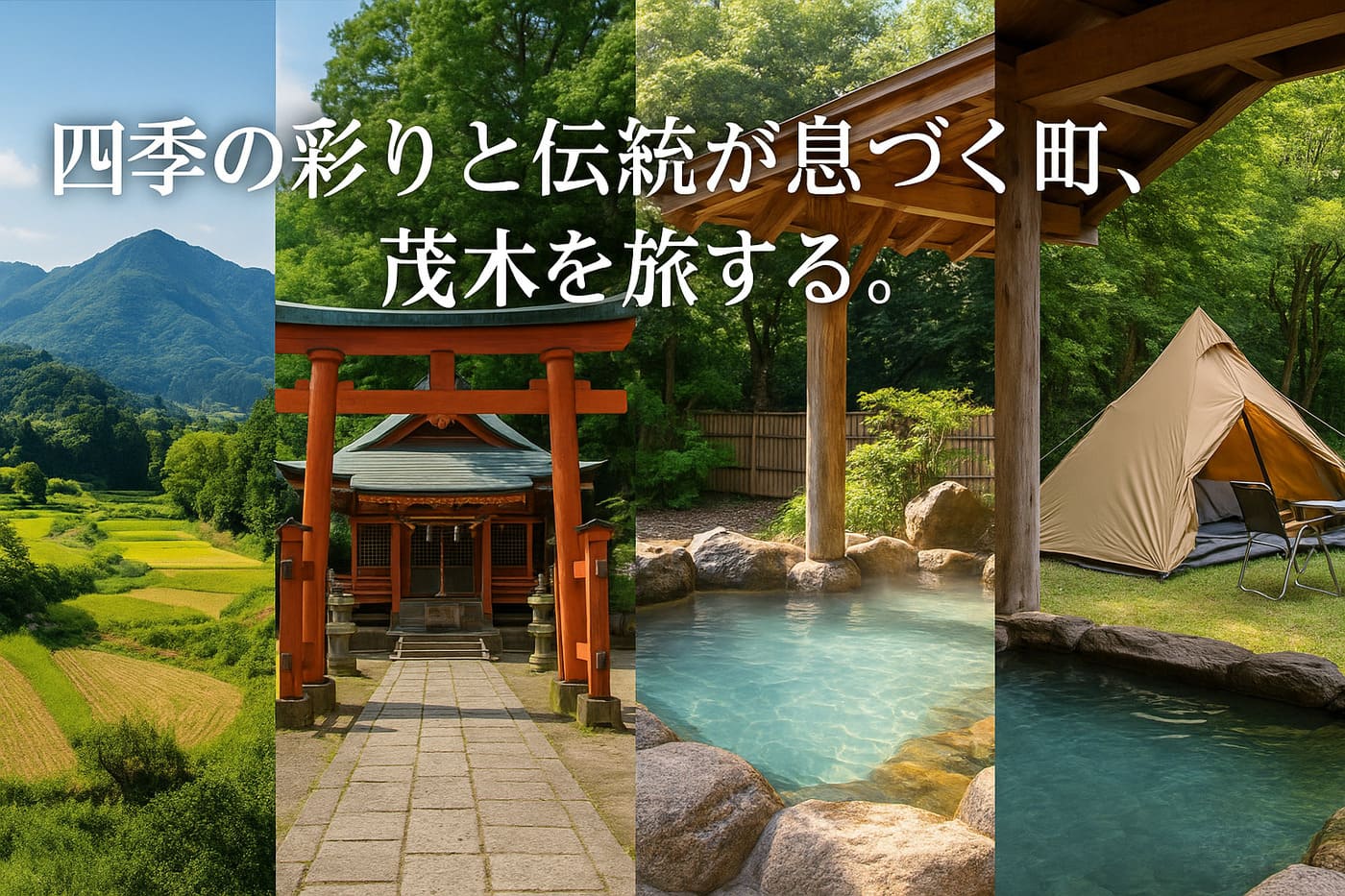 茂木町の自然・温泉・キャンプ・神社などの魅力を伝える観光ガイド記事用イラスト。雨巻山、棚田、温泉宿、キャンプ場、神社が調和する四季折々の風景をコラージュ風に表現。