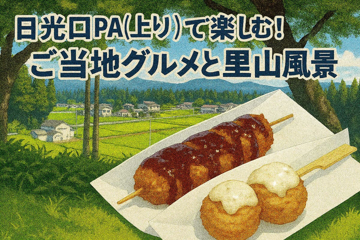 日光口PA（上り）のイモフライとゆば唐揚げを描いたイラスト。背景に広がる里山の田園風景と青空。タイトルテキスト入り。