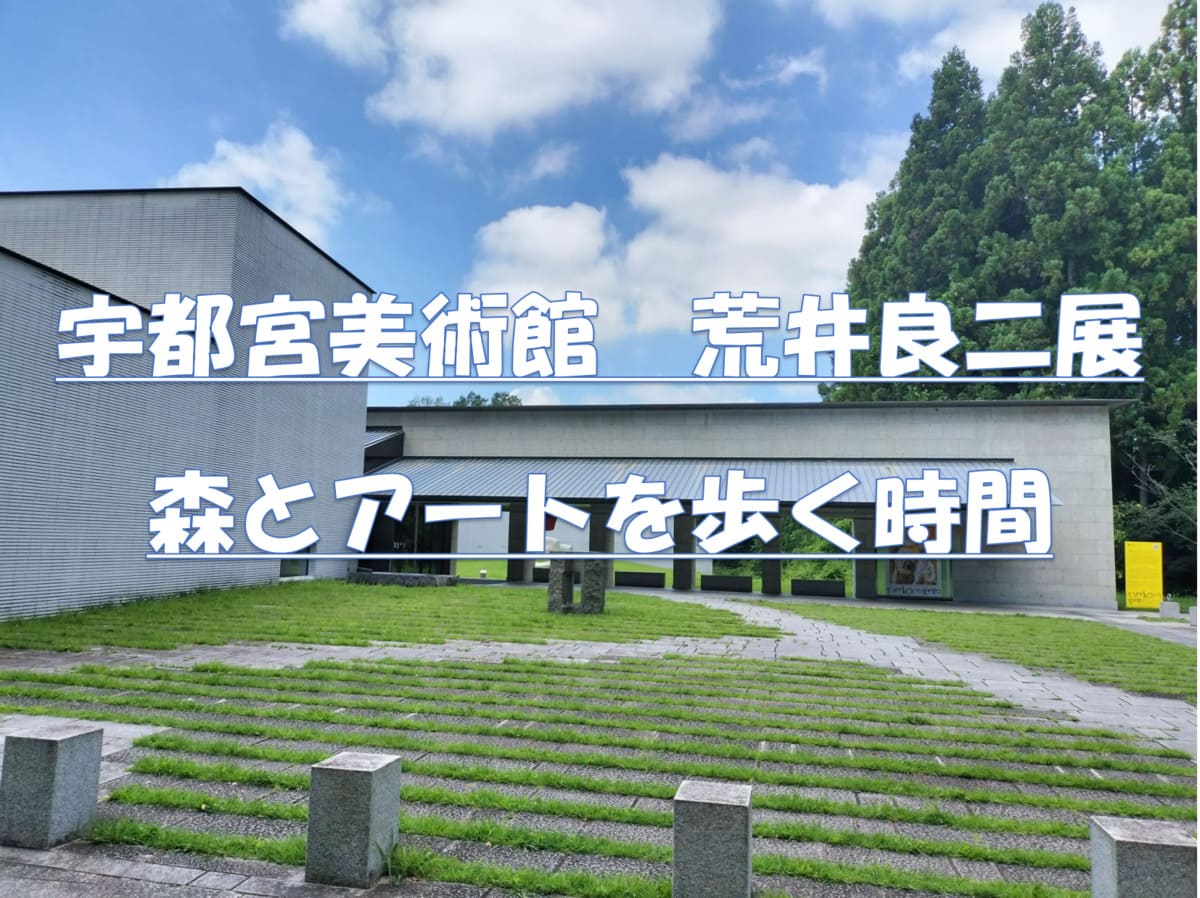 宇都宮美術館の外観と荒井良二展「new born」の看板。森とアートが調和した静かな風景。