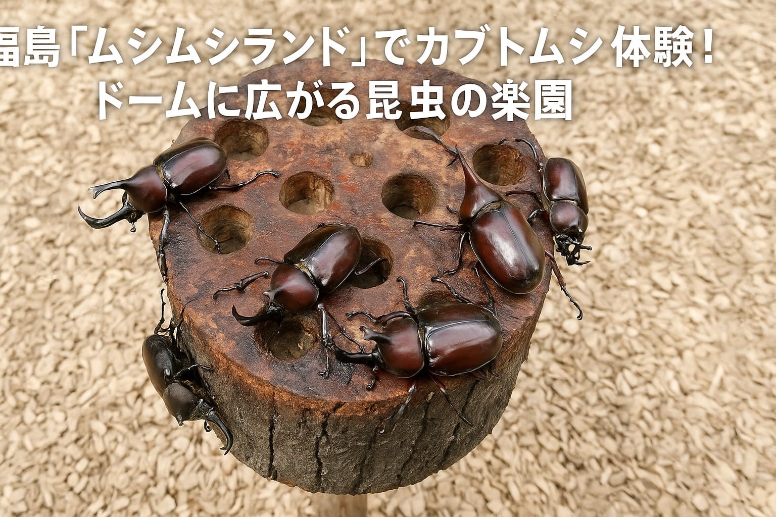 福島のムシムシランドを紹介するアイキャッチイラスト。丸太に群がるカブトムシと、上部に『カブトムシの楽園 ムシムシランド』のコピー入り。