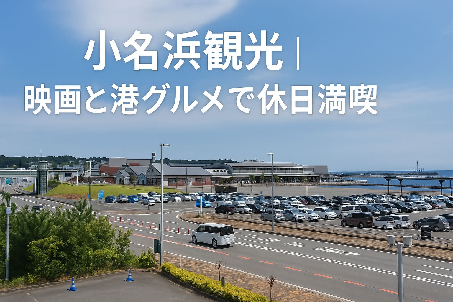 福島県いわき市小名浜の港とアクアマリン周辺を背景にした観光記事用アイキャッチ。コピー「小名浜観光｜映画と港グルメで休日満喫」が入った横長デザイン。