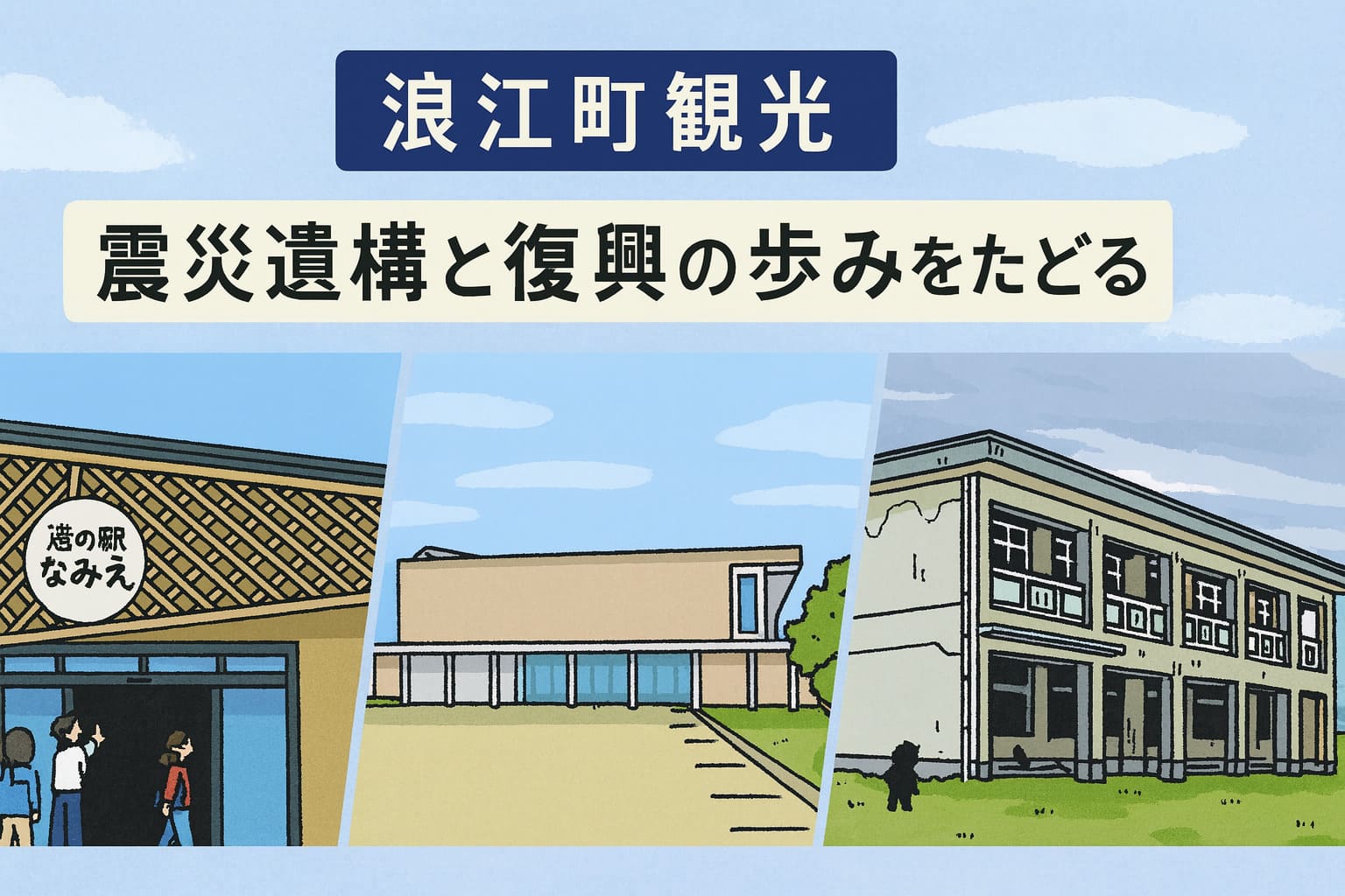 震災遺構・請戸小学校を漫画調で描いた横長イラスト。青空の下に校舎が描かれ、「震災遺構 請戸小学校｜命をつなぐ奇跡の避難」というコピーが配置されている。