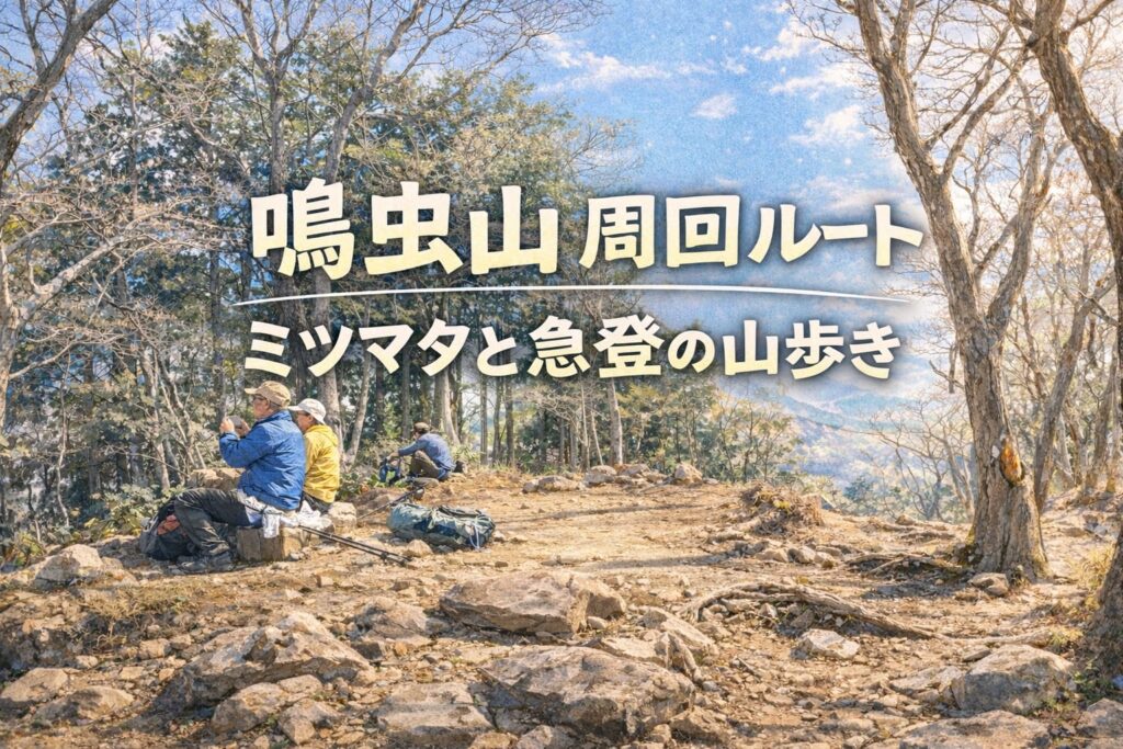 鳴虫山の山頂で登山者が休憩している様子をイラスト風に表現した周回登山アイキャッチ画像