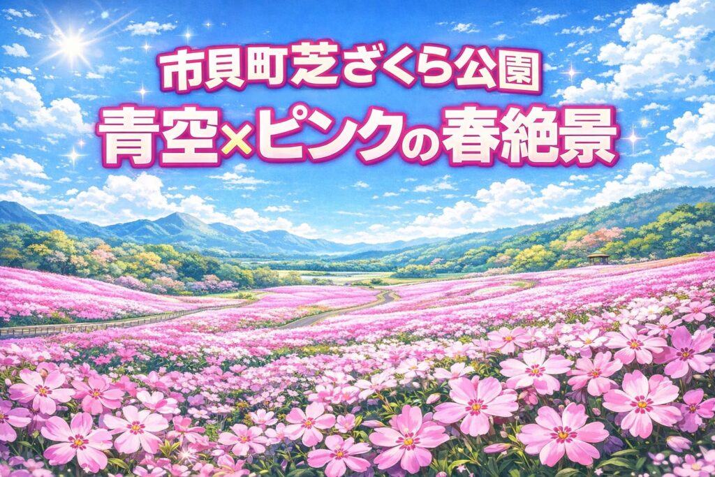 市貝町芝ざくら公園の芝桜と青空の風景（2026年4月・5分咲き）